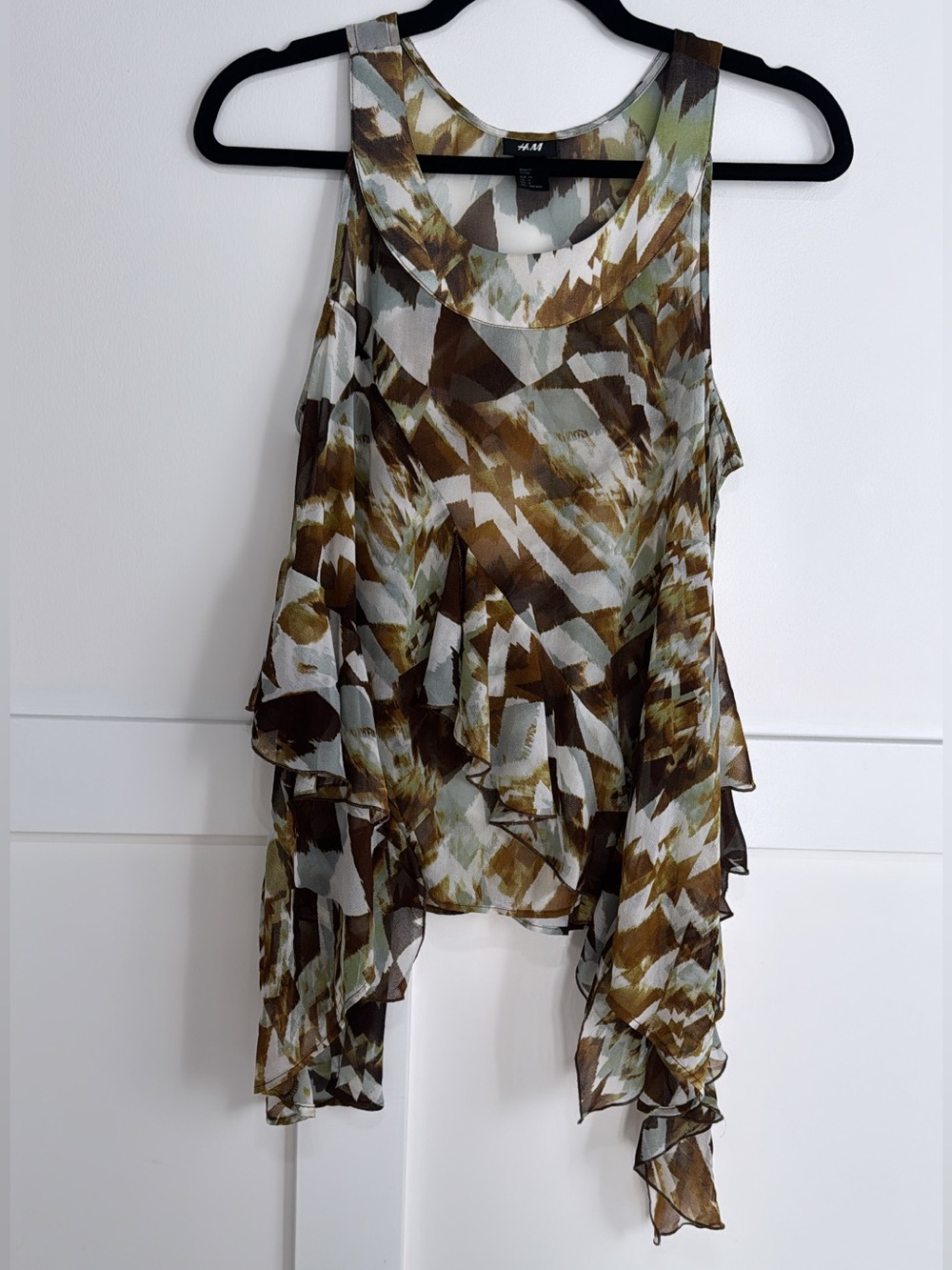 H&M Olive Brown and Cream Layered Asymmetrical Chiffon Ruffled Top